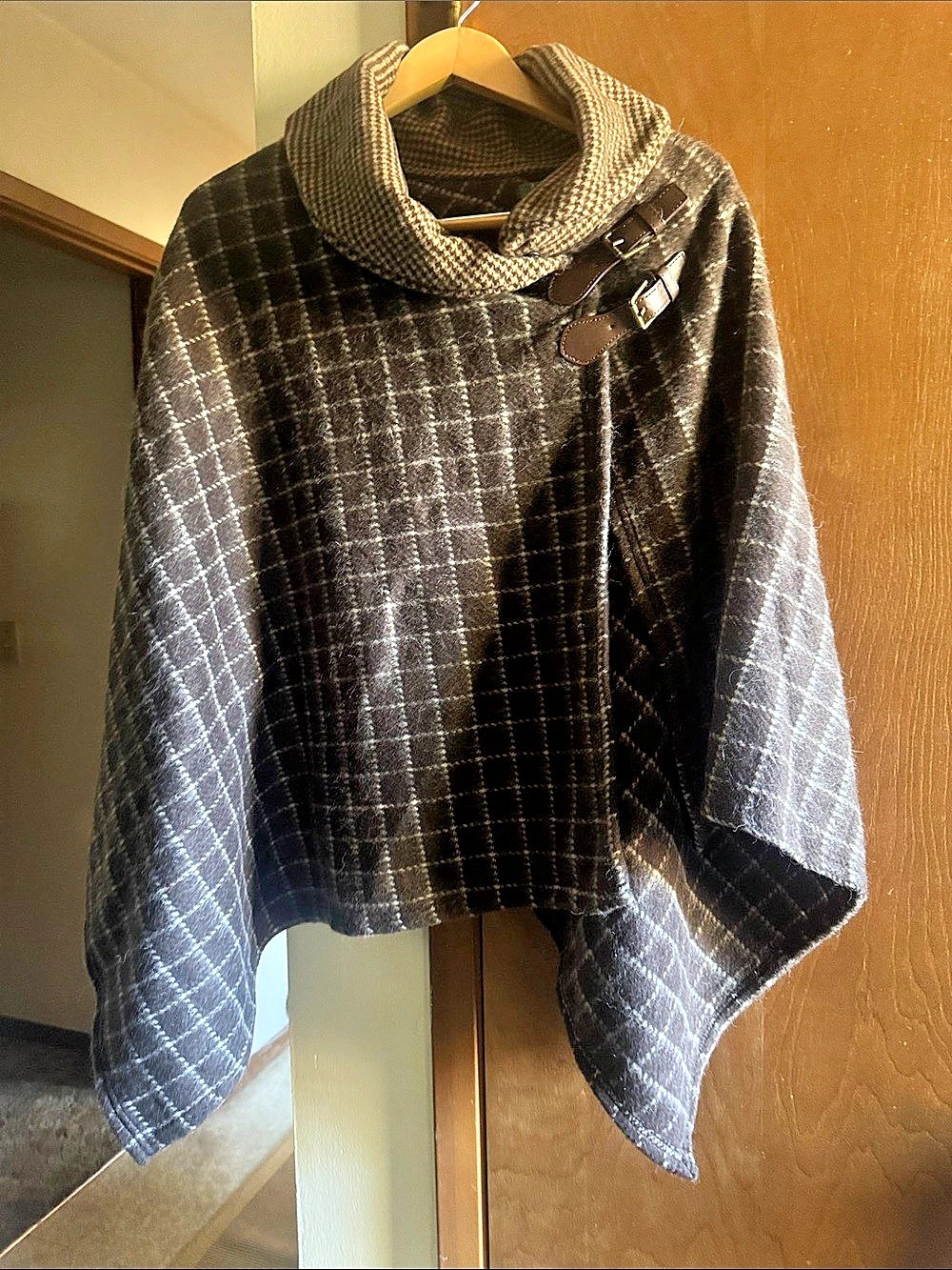 Lauren Ralph Lauren Houndstooth Wool Blend Cape Brown & Black Small